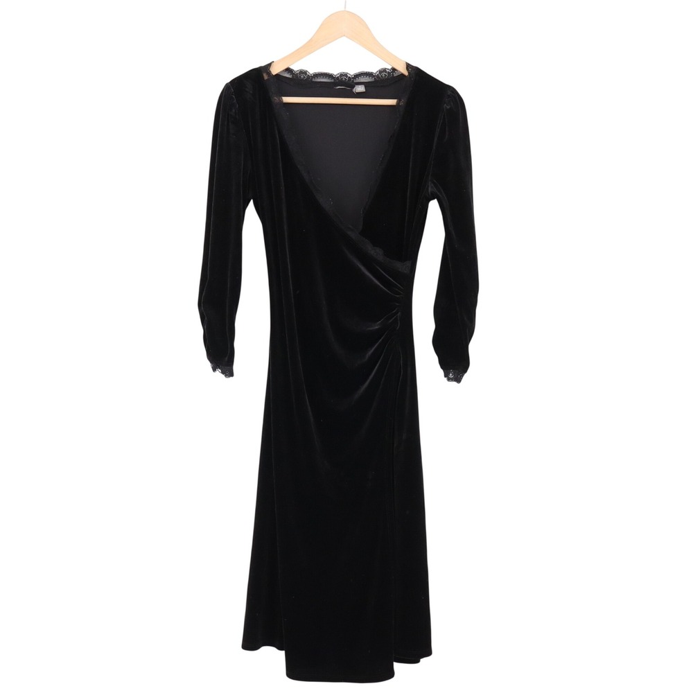 Fire Portfolio Dress Womens Small Faux Wrap Black Lace Trim Velvet Excellent
